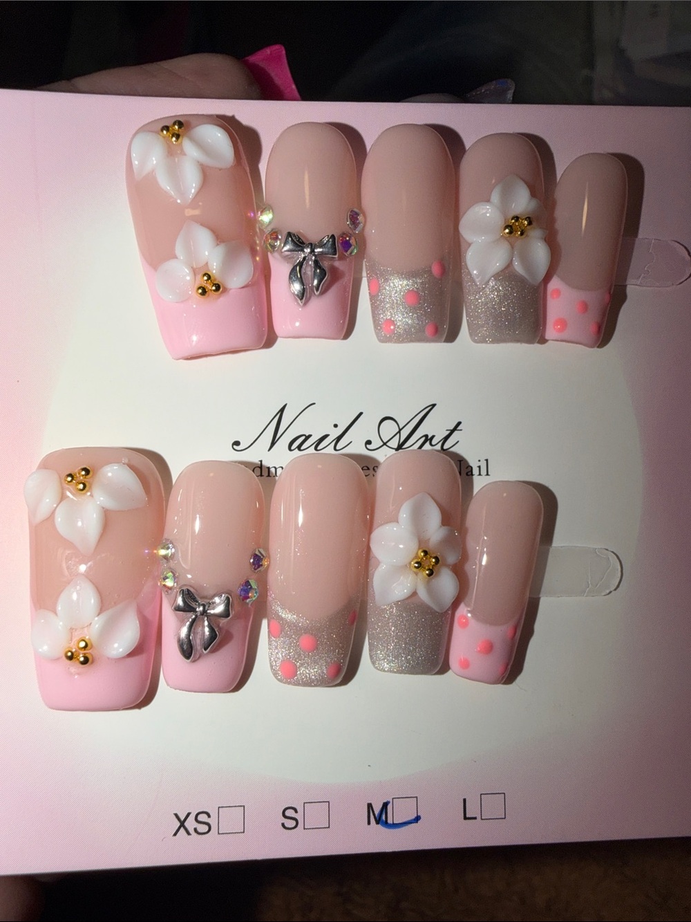Pink Floral 3D Press-On Nails with Silver Accents